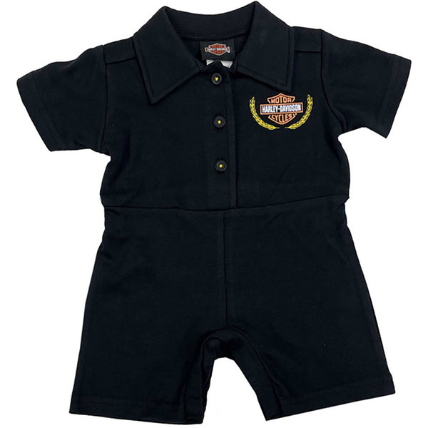 Harley-Davidson Baby Girls' Racing Rose Knit Button Collar Romper - Black