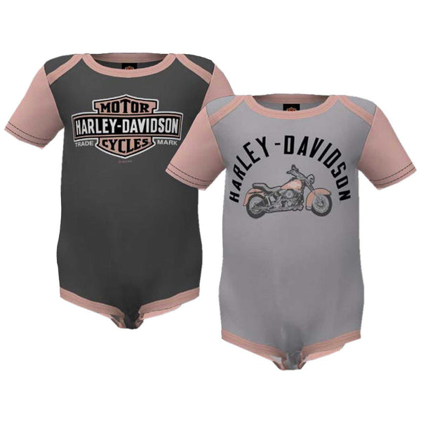 Harley-Davidson Baby Girls' 2-Pack Colorblocked Rib Creeper Set, Gray/Pink 3009234