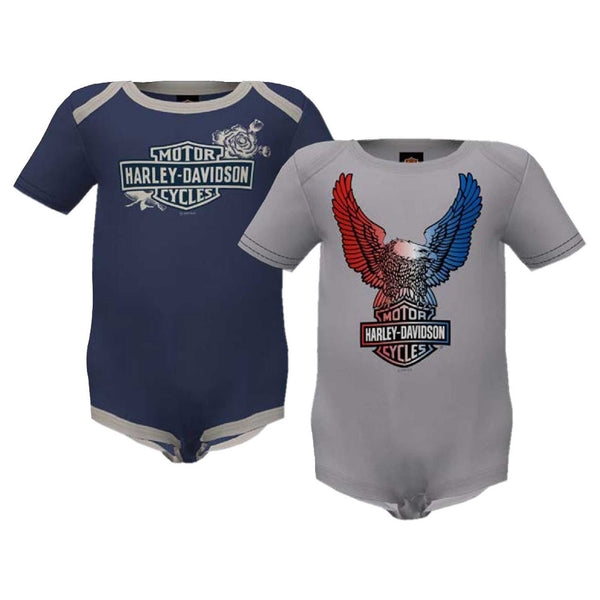 Harley-Davidson Baby Girls' 2-Pack Foiled Eagle Rib Creeper Set, Gray/Navy Blue 3009238