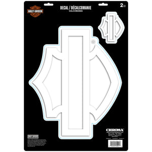Packaged white metal decal sheet with Harley-Davidson Chroma logo shapes on a black backing card. The package includes the Harley-Davidson logo and text reading 'DECAL / ÉDECALMANIE' and 'CHROMA'.
