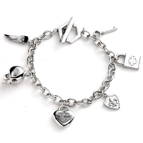 Harley-Davidson Women's 7.5 in. Logo & Motif Charm Toggle Bracelet, Silver B00007