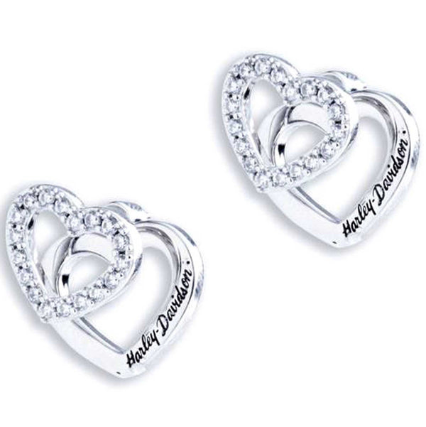 Harley-Davidson Women's Double Interlocked Heart Crystal Stud Earrings, Silver