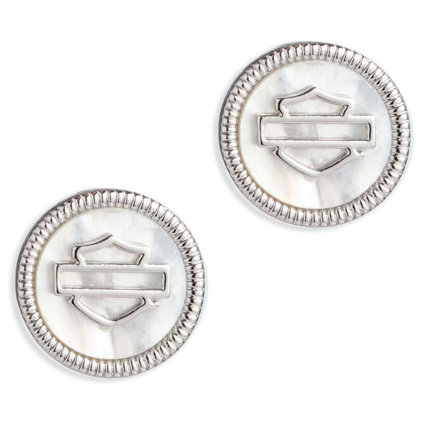 Harley-Davidson Women's Mother Of Pearl Bar & Shield Logo Round Stud Earrings, 34G00133