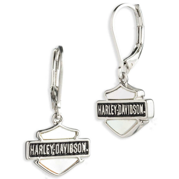 Harley-Davidson Women's Mother Of Pearl Bar & Shield Drop Earrings, Silver 34G00141