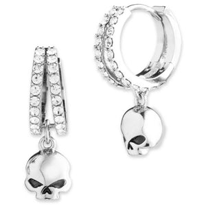 Silver hoop earrings with skull charms on a white background