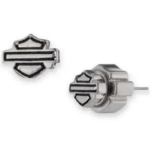 Pair of silver stud earrings with a logo on a white background