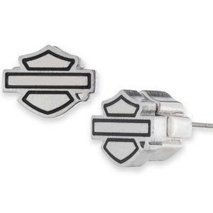 Silver earrings with a black logo on a white background