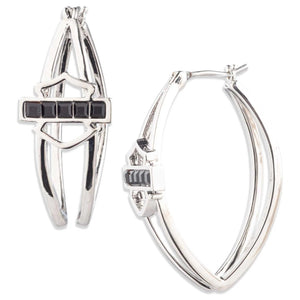 A pair of silver hoop earrings with a geometric, openwork design featuring a horizontal bar of four small black square stones, shown on a plain white background.