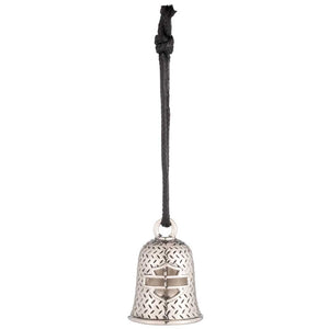 Silver bell with a textured surface and black cord on a white background