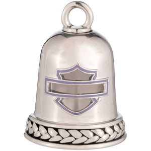 Silver bell with a logo on a white background