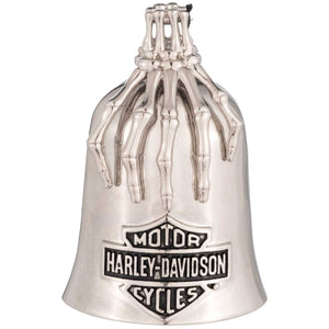 Silver bell with skeleton hands holding it, featuring the Harley-Davidson logo.