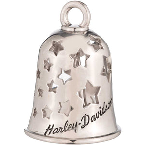 Silver bell with star patterns and 'Harley-Davidson' branding on a white background