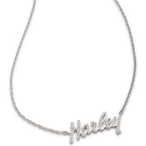 A silver nameplate necklace spelling 'Harley' with small clear stones, shown on a plain white background.