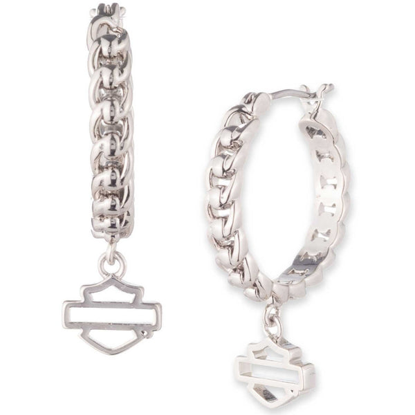 Harley-Davidson Women's Bar & Shield Drop Chain Hoop Earrings, Silver Brass Plated 34P00023
