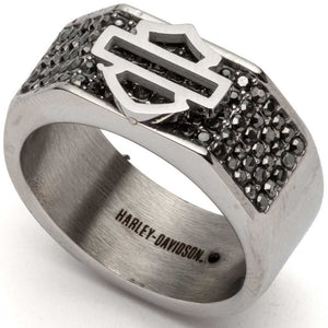 Silver ring with black gemstones and Harley-Davidson logo on a white background