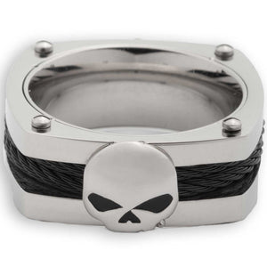 A silver-toned metal ring featuring a square bezel setting with four raised rivets, a black braided cord band wrapped around the middle, and a raised skull emblem on the front.