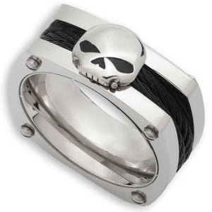 A silver-toned band ring featuring a raised skull motif on top and a black inlay running horizontally around the band, shown on a plain white background.