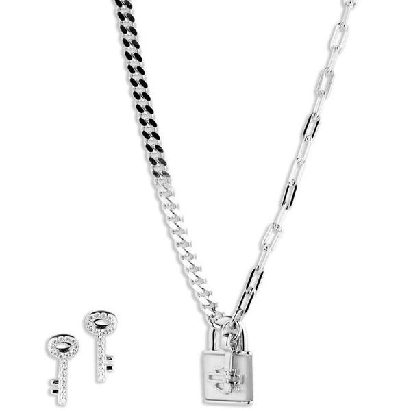 Harley-Davidson Women's Mother of Pearl Lock & Key Necklace & Earring Set, Sterling Silver 34S00017