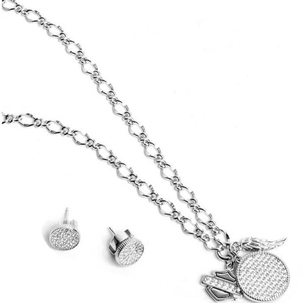Harley-Davidson Women's Crystal Pave Disc & Wing Necklace & Earring Set, Silver