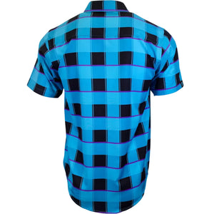 A short-sleeve button-up shirt with a vibrant blue and black checkered pattern, shown from the back on a plain white background.