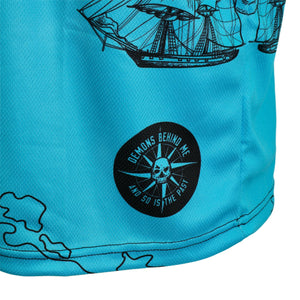 Blue fabric with black ship and skull design, featuring text 'Demons Behind Me and So Is The Past'.