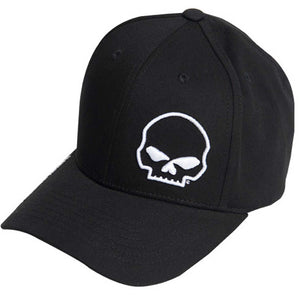 A black baseball cap featuring a white embroidered skull logo on the front, set against a plain white background.