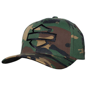A camouflage baseball cap featuring a black embroidered Harley-Davidson logo on the front, set against a plain white background.