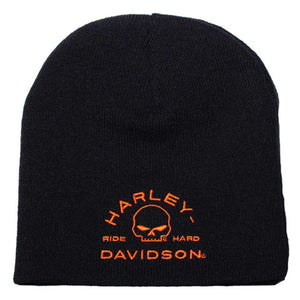 A black knit beanie hat featuring an orange embroidered Harley-Davidson logo with a skull graphic and the words 'HARLEY RIDE HARD DAVIDSON' on the front, set against a plain white background.