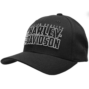 A black baseball cap featuring a prominent embroidered Harley-Davidson logo on the front panel, set against a plain white background.