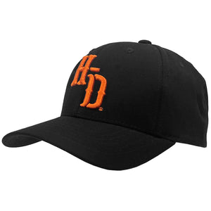 A black baseball cap featuring a prominent orange embroidered 'H&D' logo on the front, set against a plain white background.