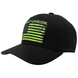 A black baseball cap featuring a distressed green and black American flag graphic on the front, with 'Harley-Davidson' embroidered in green above it, set against a plain white background.
