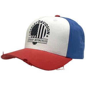 A distressed baseball cap with a red brim, white front panel, and blue side panels, featuring a black Harley-Davidson logo on the front.