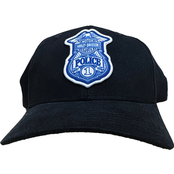 Black cap with a blue and white police logo on a white background