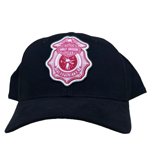 Harley-Davidson Patch Fire Fighter Badge Adjustable Snap Closure Dealer Hat, Black Cap