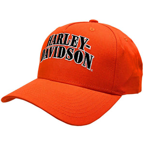 An orange baseball cap featuring the 'Harley-Davidson' logo embroidered in black and white on the front, set against a plain white background.