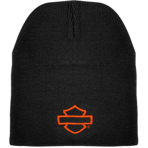 A black ribbed knit beanie hat featuring an orange embroidered Harley-Davidson bar and shield logo on the front, set against a plain white background.
