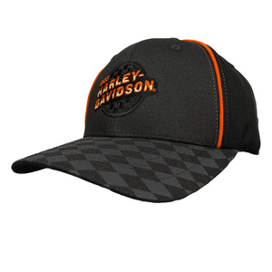 A black baseball cap with orange embroidered Harley-Davidson branding on the front, orange side piping, and a dark gray checkered pattern on the brim, shown against a plain white background.