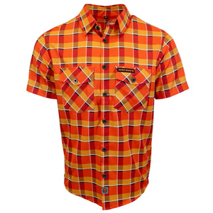 A men's short-sleeve button-up shirt with a vibrant orange, yellow, and red plaid pattern, featuring two buttoned chest pockets and a black 'Outdoor Wear' brand label on the left chest.