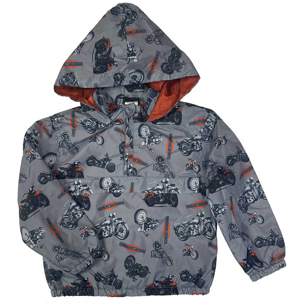 Harley-Davidson Little Boys' 1/4-Zip Motorcycle Printed Hooded Windbreaker - Gray