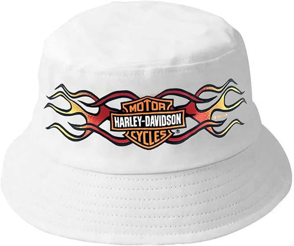 Harley-Davidson Little Toddler Boys' Flames Bar & Shield Twill Bucket Hat, White 7272409