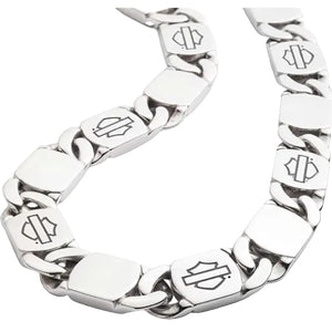 A silver-toned metal chain necklace featuring repeating Harley-Davidson logo links on a plain white background.