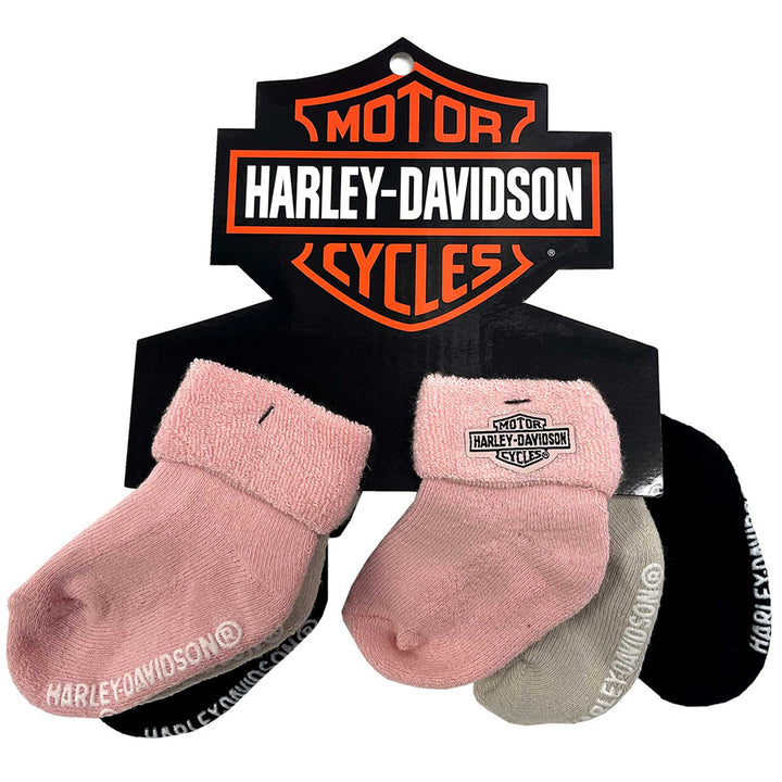 Harley-Davidson Baby Girls' Bar & Shield 3 Pack Infant Socks, Pink/Black/Beige 7009319
