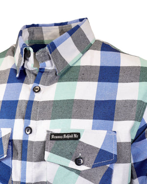 Demons Behind Me Men's Sea Breeze Button-Up Flannel Long Sleeve Shirt, White/Blue SBF0011