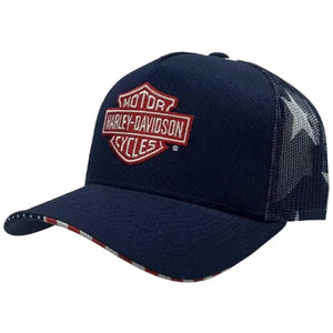 Navy blue Harley-Davidson cap with red logo on a white background