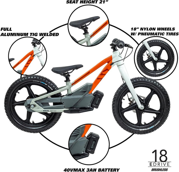 Harley-Davidson STACYC Brushless 18 EDrive Kids' Electric Balance Bike For Kids' 8-10 Years Old 100035ORGWHT