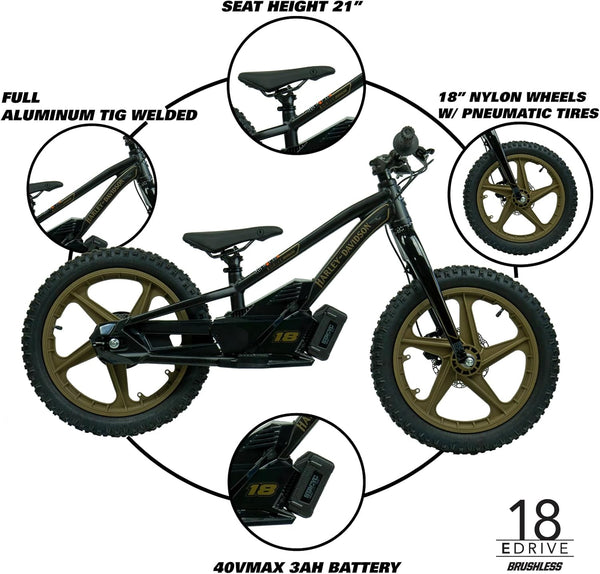 Harley-Davidson STACYC Brushless 18 EDrive Kids' Electric Balance Bike For Kids' 8-10 Years Old 100035-18