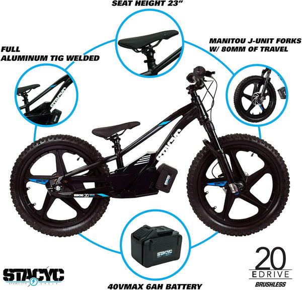 STACYC Brushless 20eDRIVE Electric Balance Bike for Kids Ages 10-12 Years Old, Black