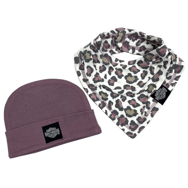 Harley-Davidson Baby Girls' 2-Pack Newborn Cheetah Print Beanie Set, Purple 7203411