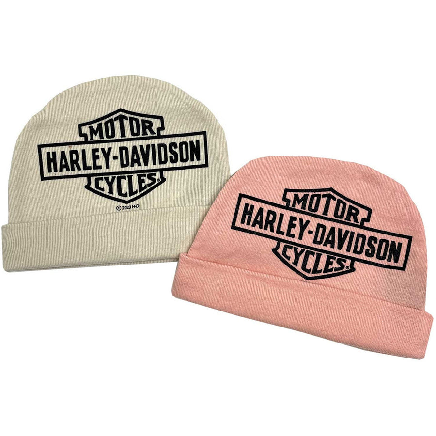 Harley-Davidson Baby Girls' 2 Pack Bar & Shield Rib Knit Beanies, Pink/Cream 7209317