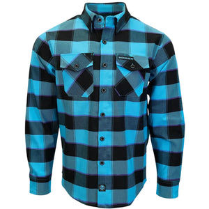 A men's long-sleeve button-up flannel shirt with a bold plaid pattern in bright blue, black, and gray, featuring a chest pocket with a snap closure and a visible 'Rocky Bitch' brand patch.